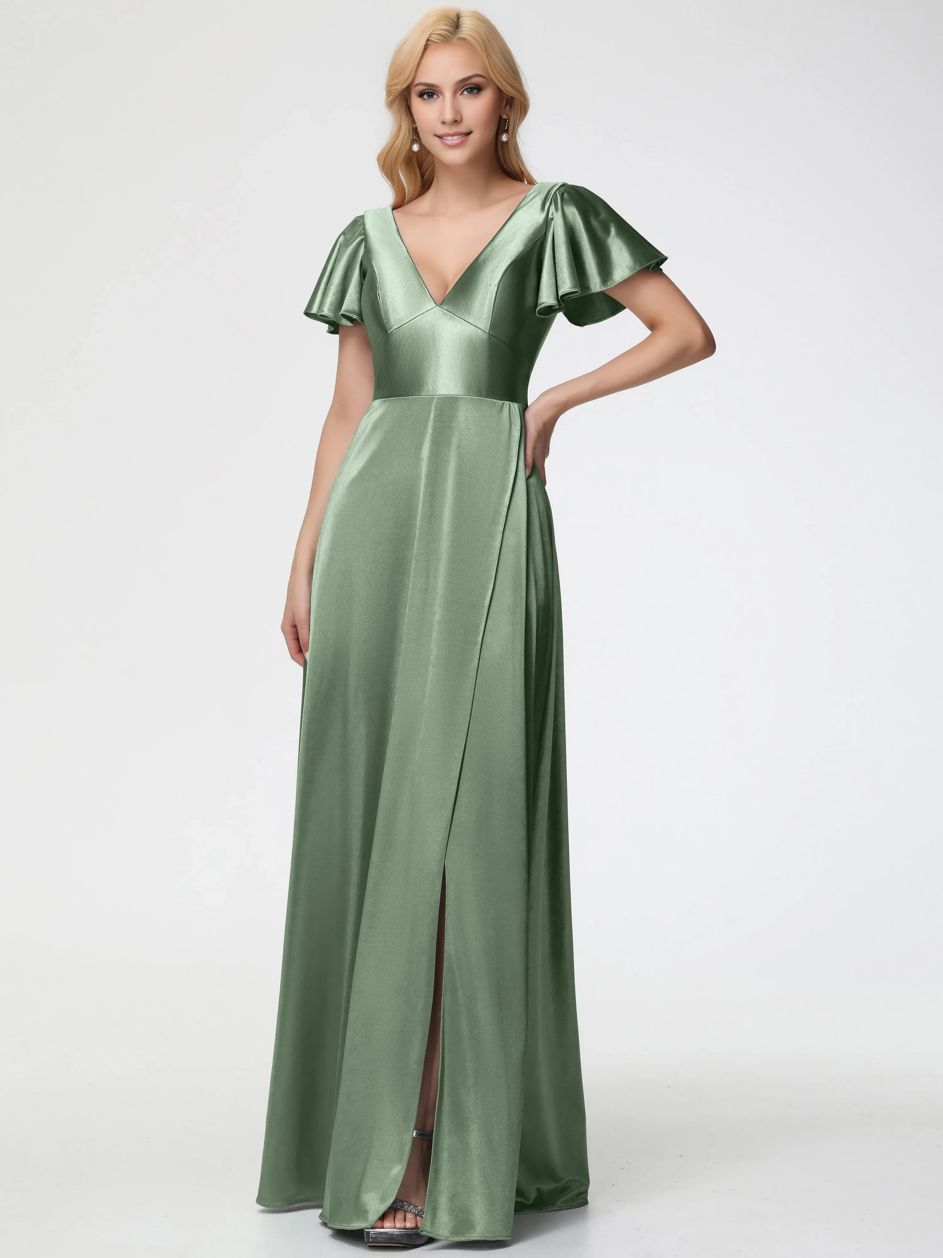 Elegant A-line Deep V-Neck Short Sleeves Backless Floor-Length Prom Dress